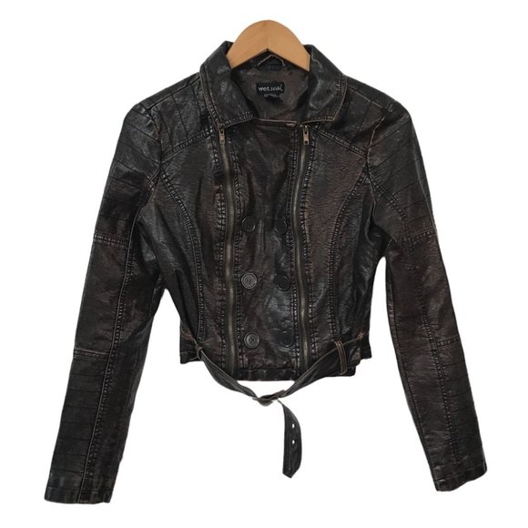 Wet Seal Jackets & Blazers - Y2K Wet Seal Faux Leather Cropped Bomber Moto Jacket